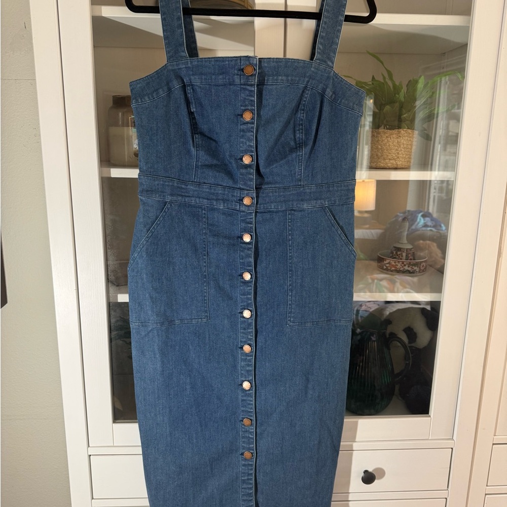 Boden Blue Denim Button-Front Midi Dress Overalls